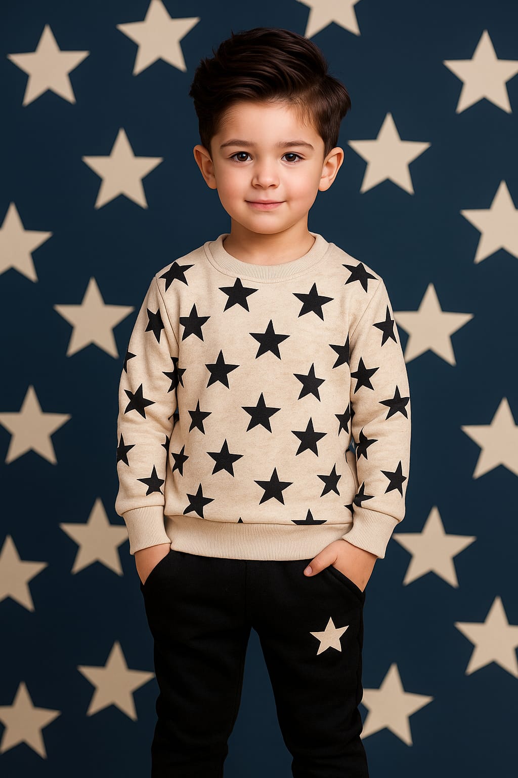 Cream and Black Star Print Fleece Tracksuit for Kids