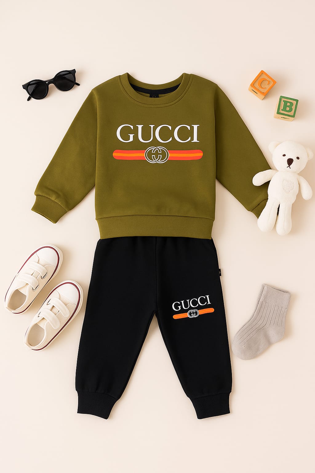 Olive Green and Black Gucci Style Fleece Tracksuit for Kids