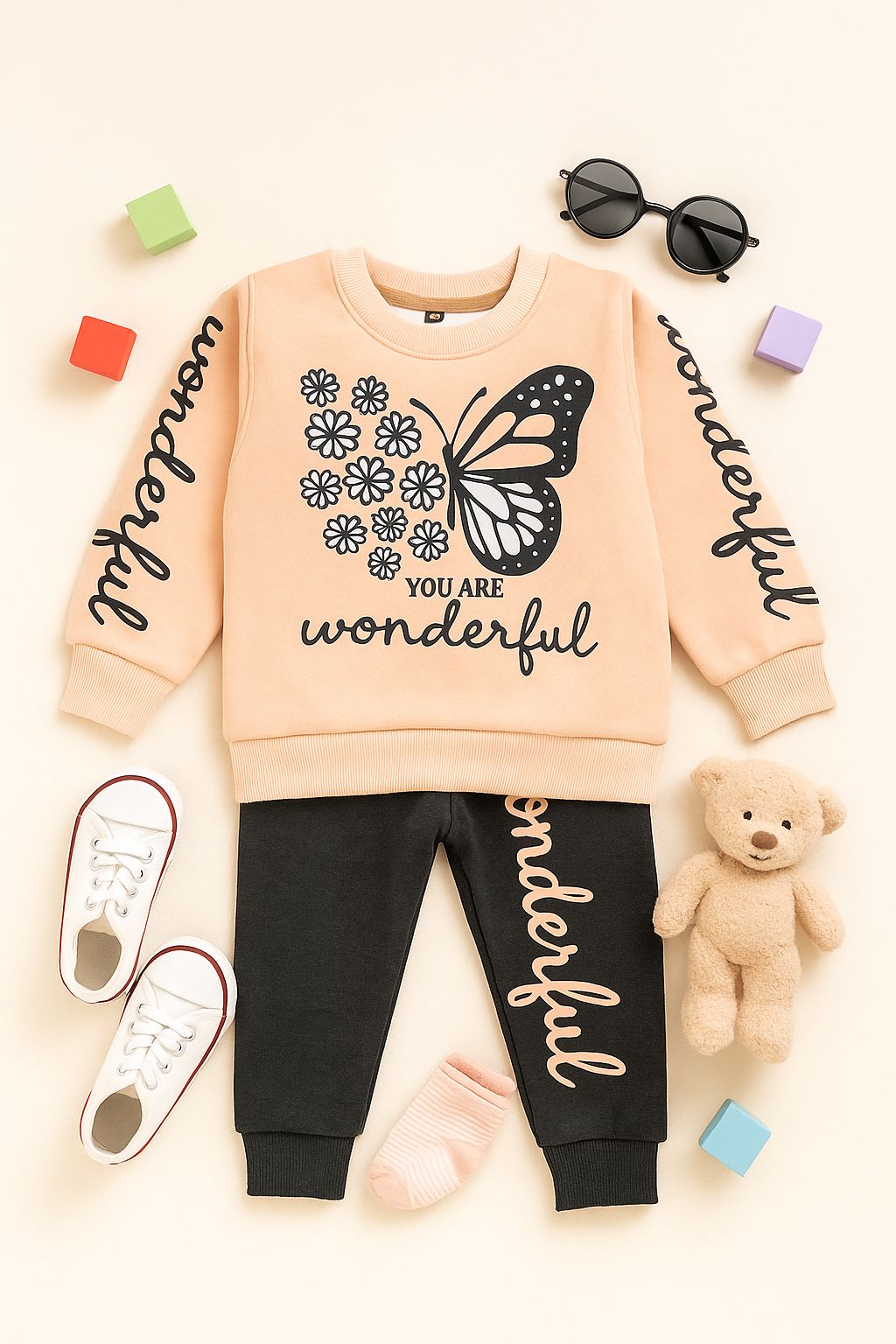 Peach and Black Wonderful Butterfly Fleece Tracksuit for Girls