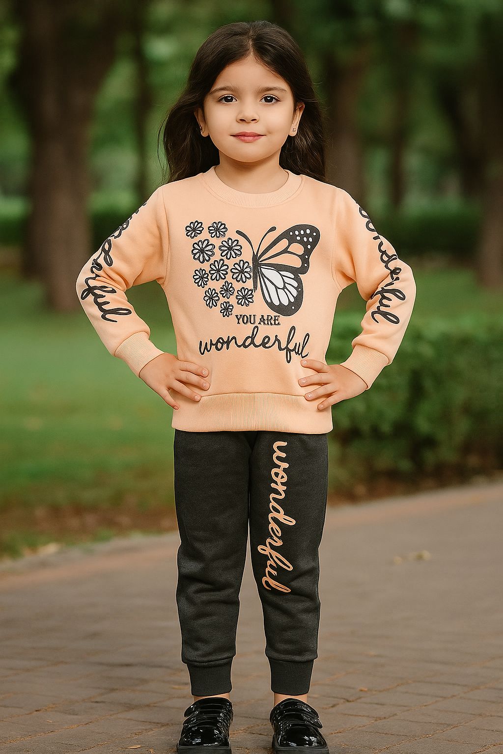 Peach and Black Wonderful Butterfly Fleece Tracksuit for Girls