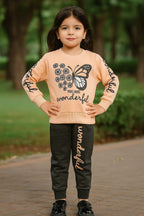 Peach and Black Wonderful Butterfly Fleece Tracksuit for Girls