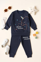 Navy Blue Unicorn Printed Fleece Tracksuit for Girls