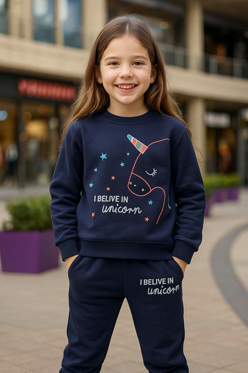 Navy Blue Unicorn Printed Fleece Tracksuit for Girls
