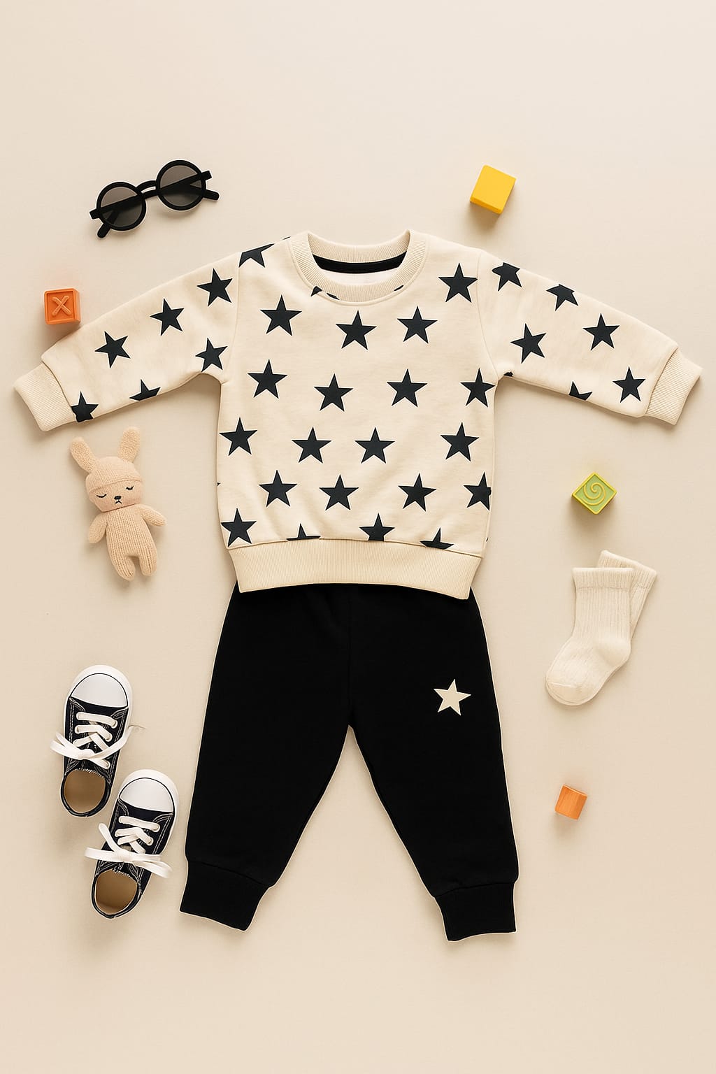 Cream and Black Star Print Fleece Tracksuit for Kids