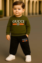 Olive Green and Black Gucci Style Fleece Tracksuit for Kids