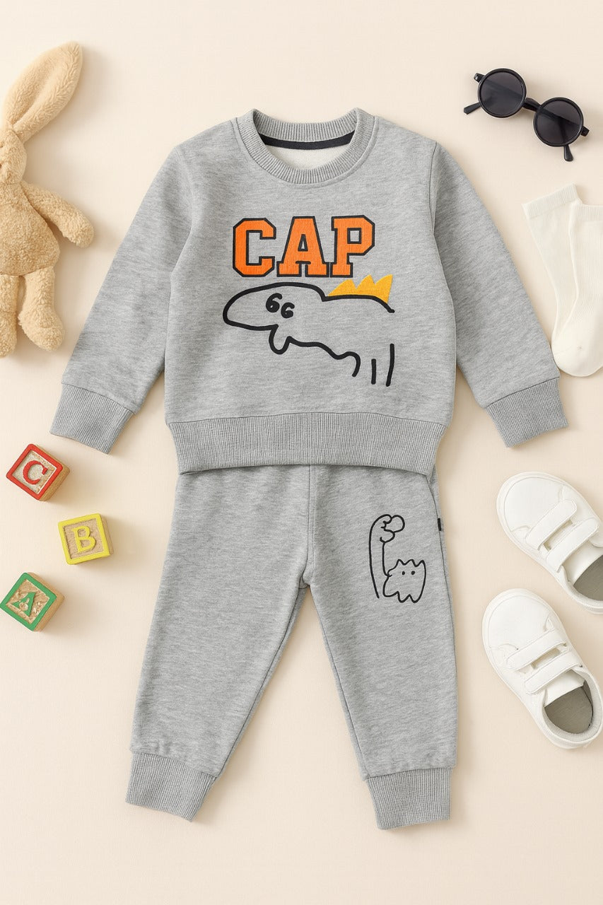 Grey CAP Dinosaur Fleece Tracksuit for Kids
